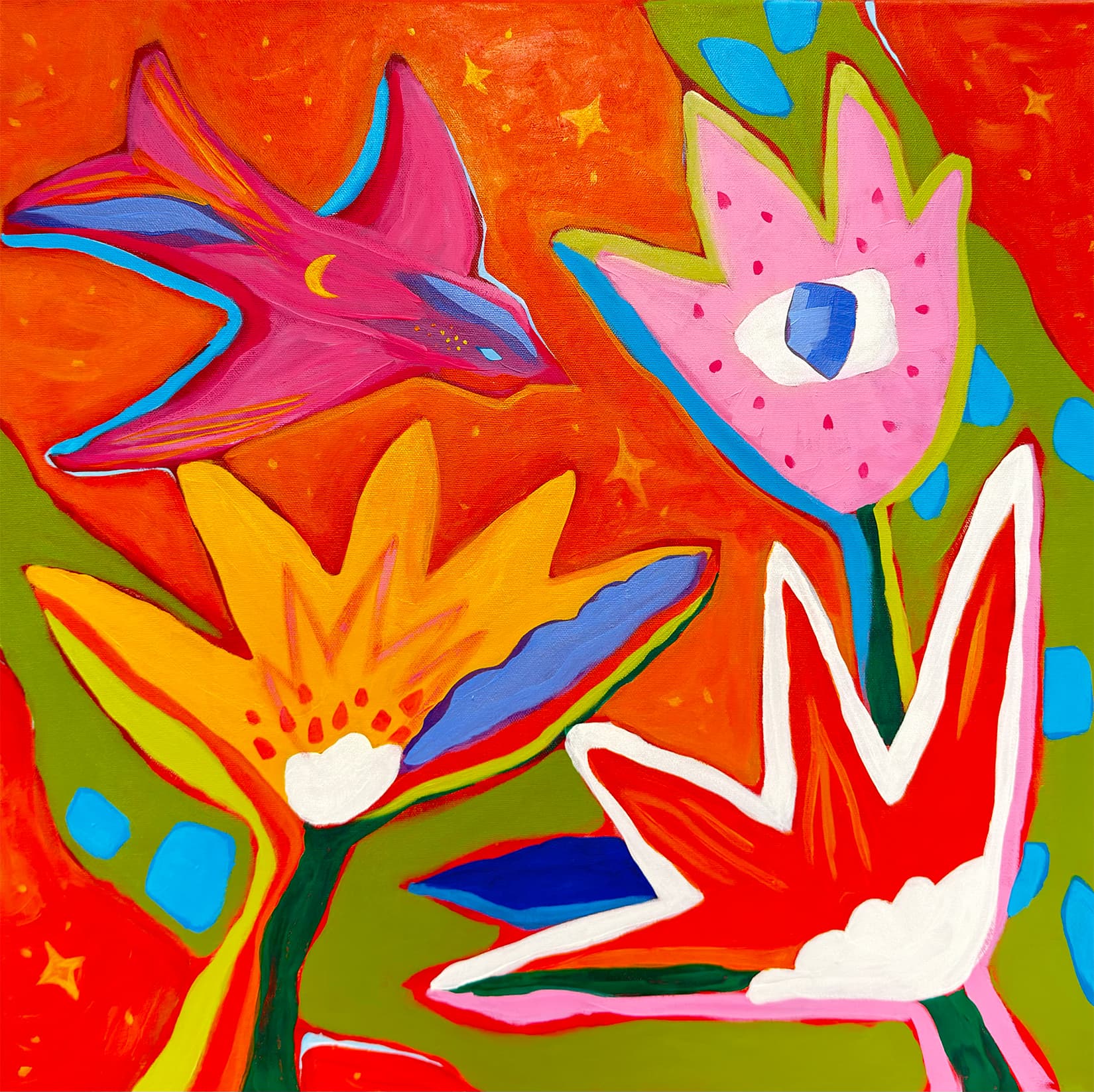 Птица-месяц — холст, акрил, масляная пастель, 60 × 60 см