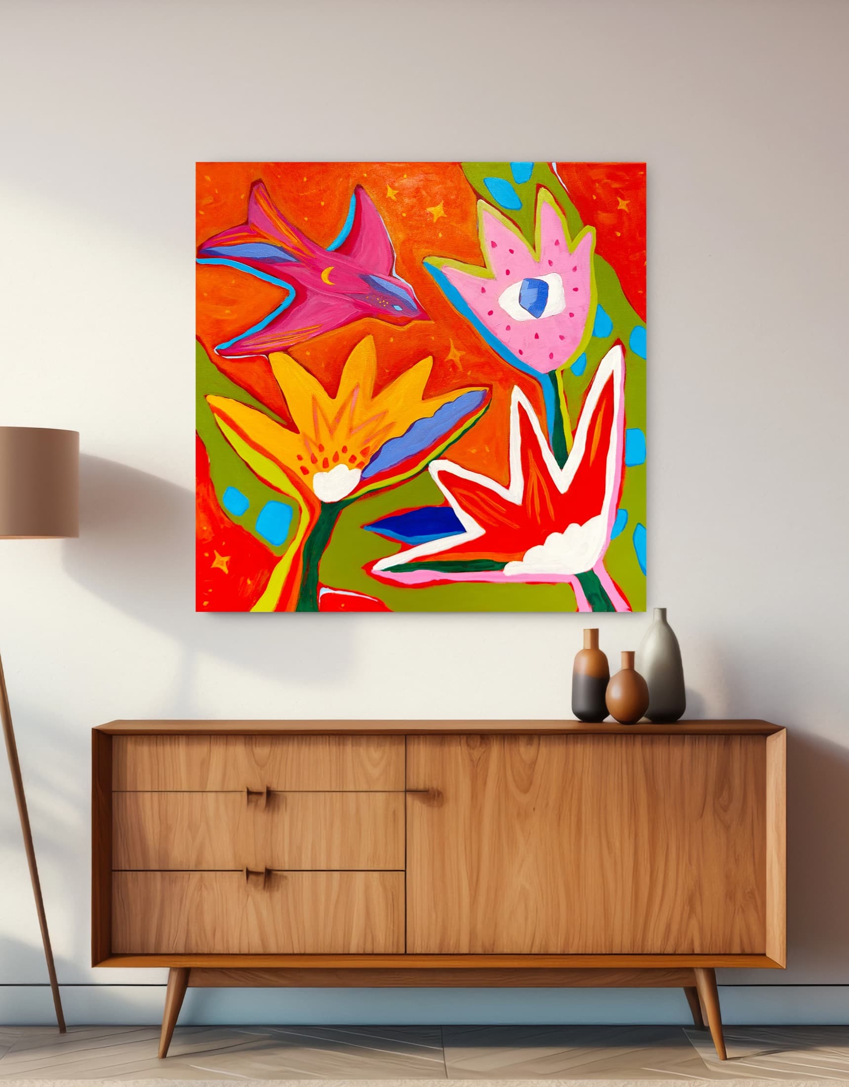 Птица-месяц — холст, акрил, масляная пастель, 60 × 60 см