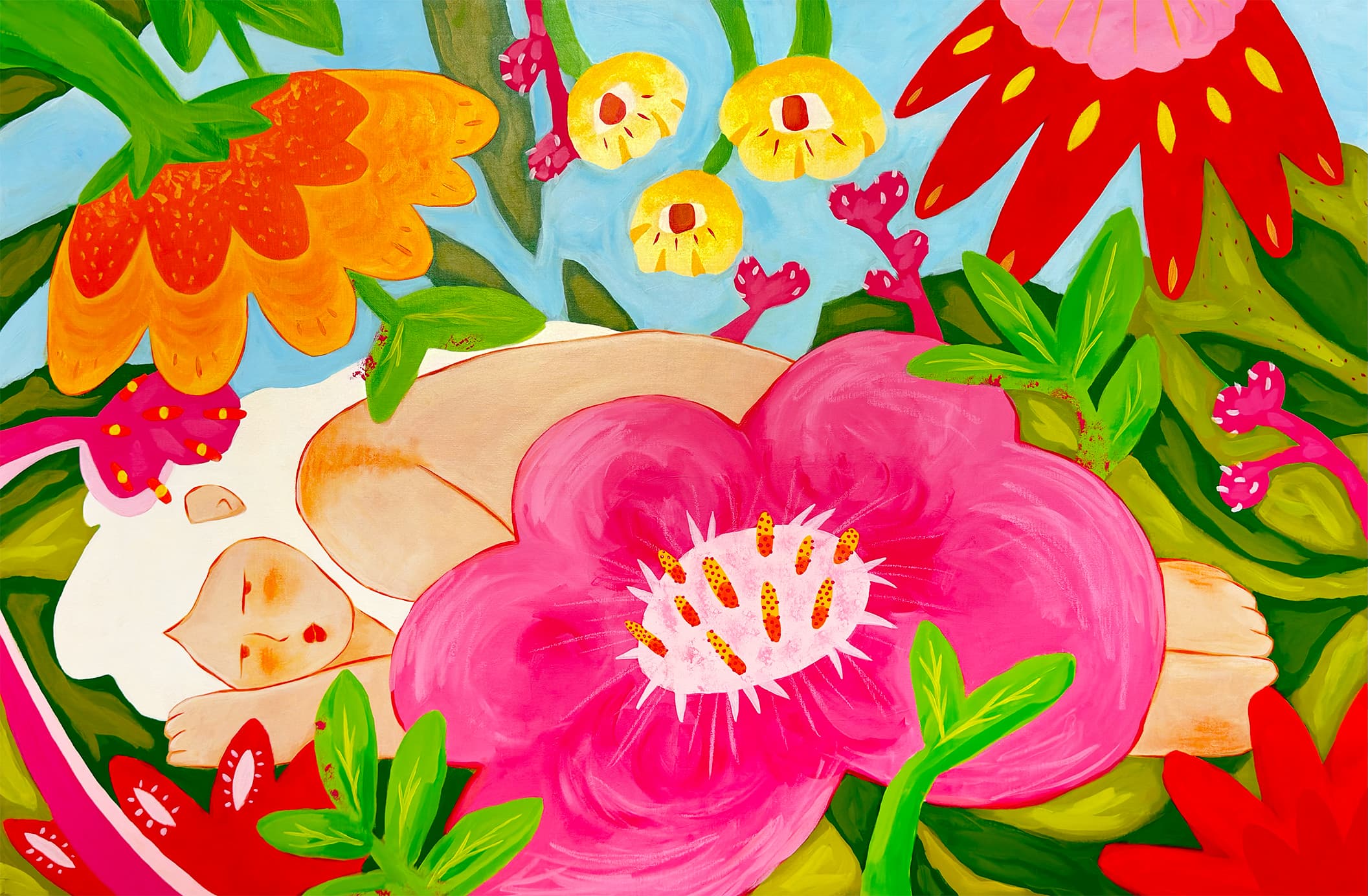 A Secluded Place — canvas, acrylic, oil pastel, 120 × 80 cm