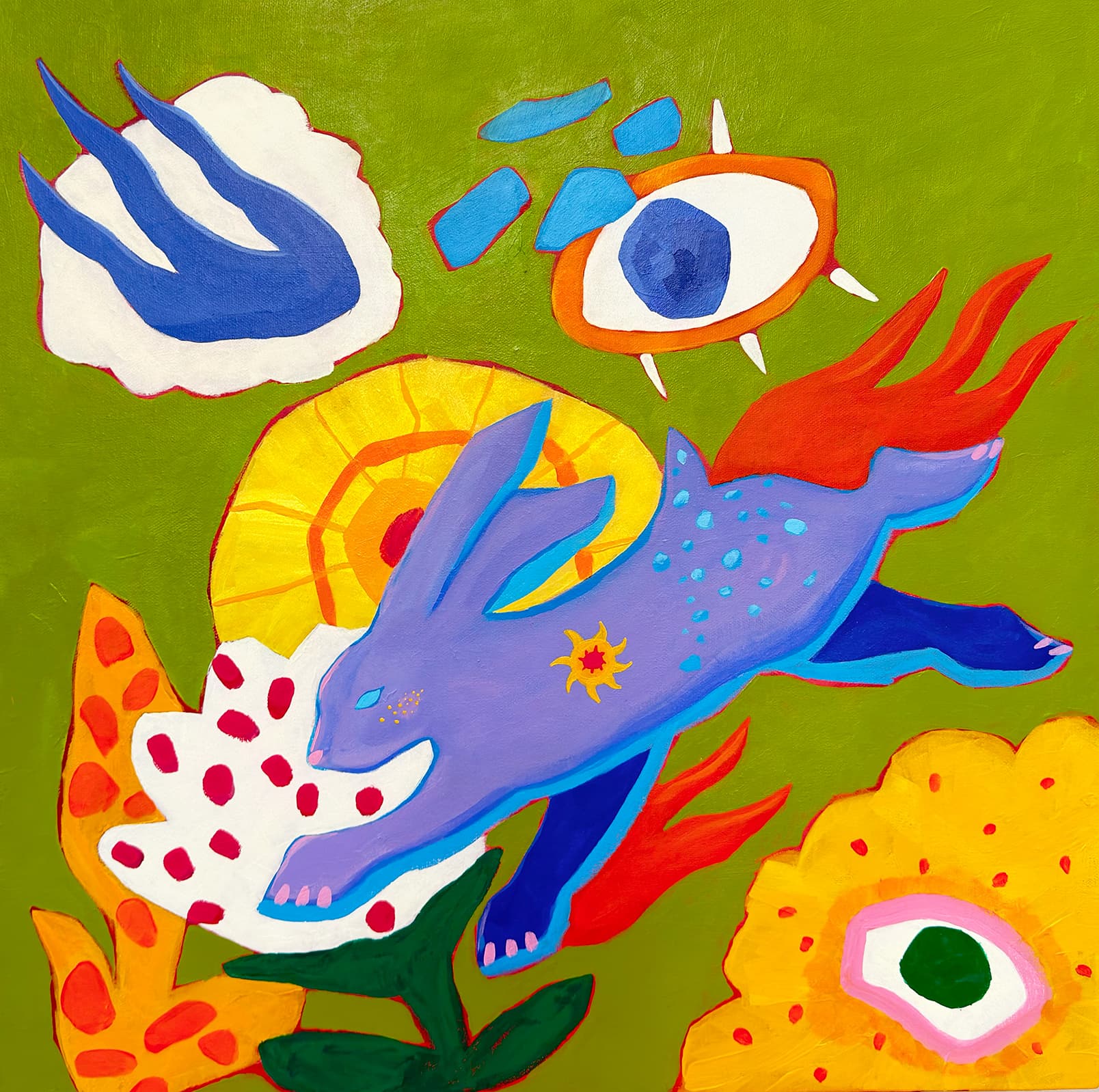 Wild Hare — canvas, acrylic, oil pastel, 60 × 60 cm